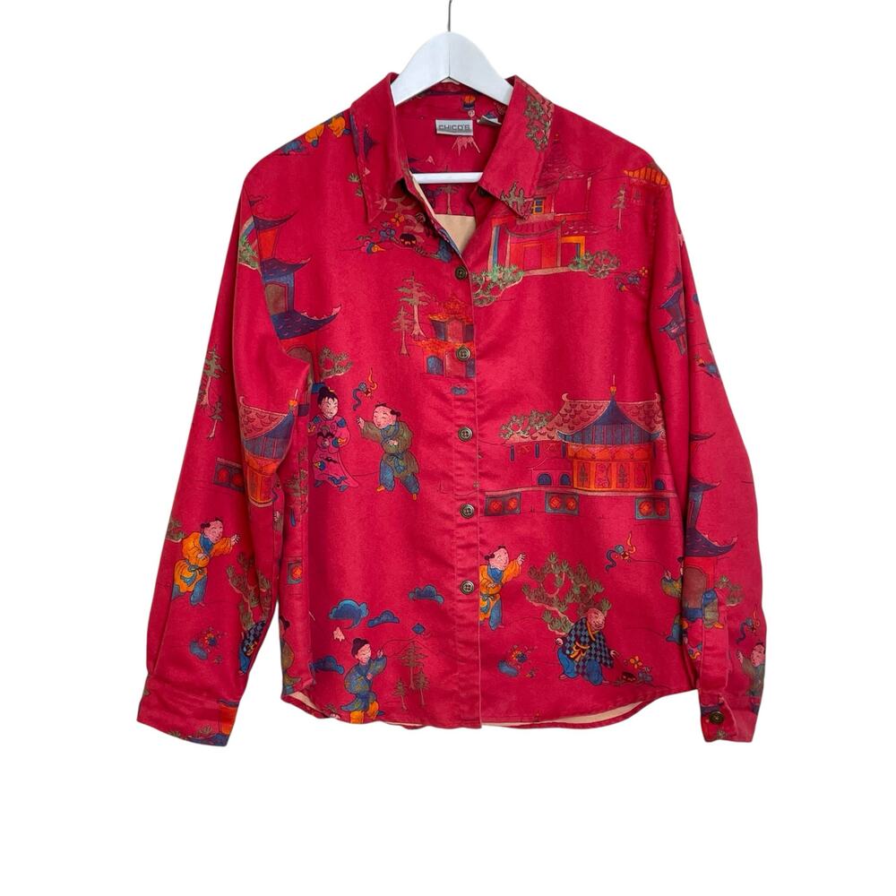 Vintage Chico's Sz L Red Pagoda Asian Inspired Print Relaxed Fit Button up Shirt